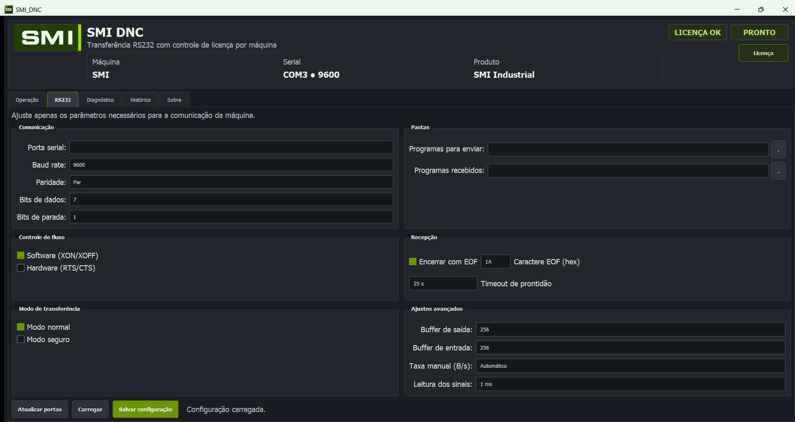 RS-232 settings: baud, parity, flow control, EOF, buffers and timing