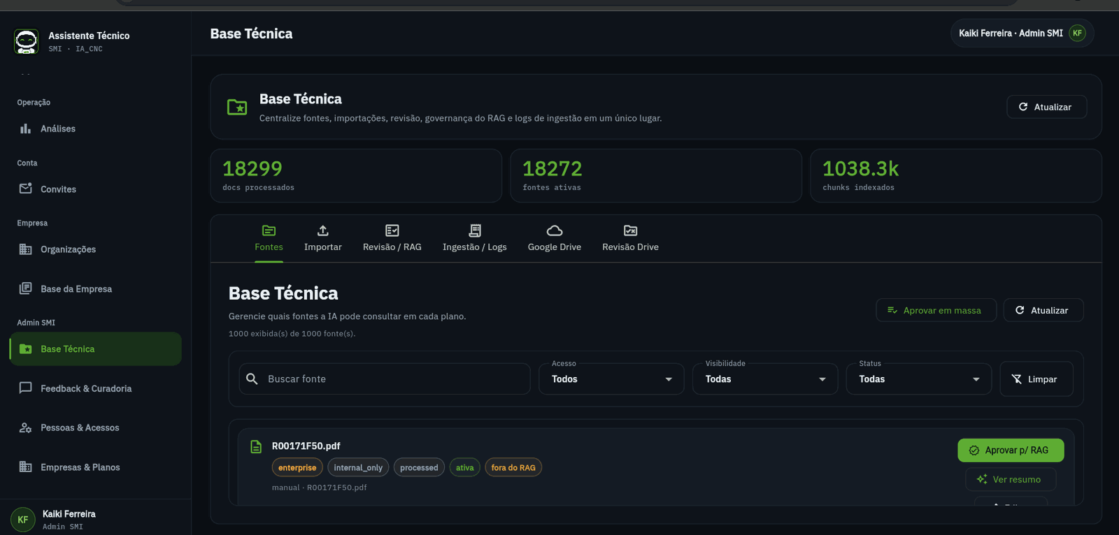 Technical base panel: 18,299 documents processed, 18,272 active sources and 1,038,300 indexed passages