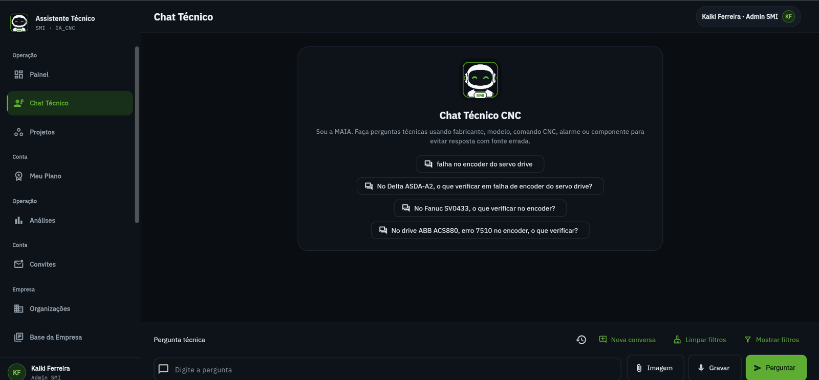 MAIA technical chat home screen with suggested questions about encoders, servo drives and alarms