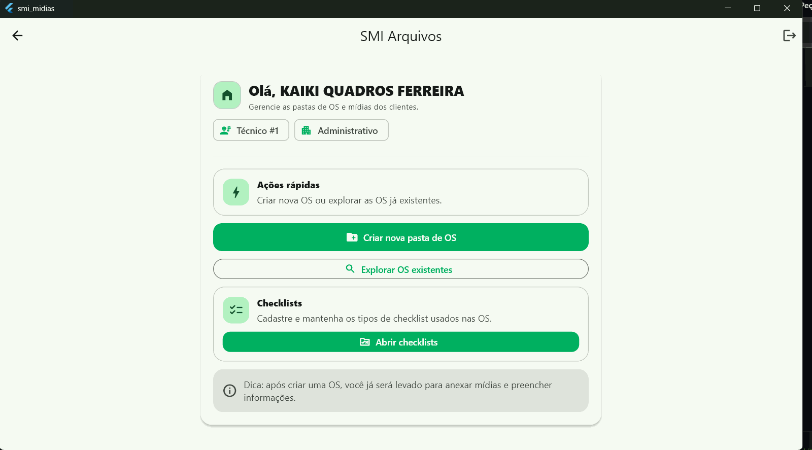 SMI Files home screen with actions to create a work order, browse existing ones and open checklists