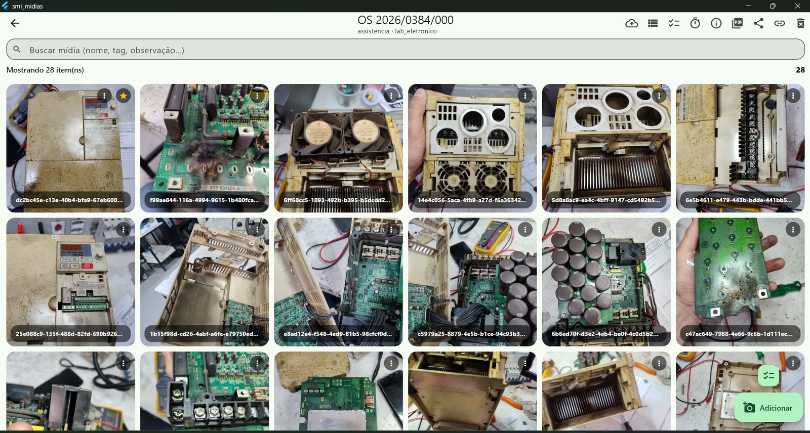 Gallery of 28 photos of a frequency inverter under repair, organised inside a work order